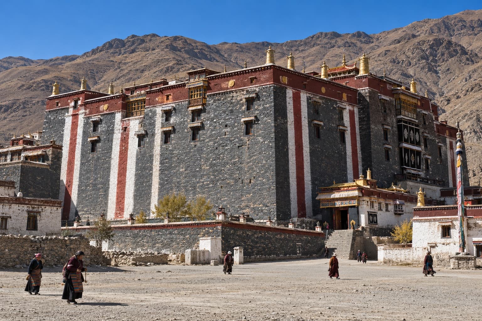 The grey, red-and-white striped walls of Sakya Monastery's great assembly hall
