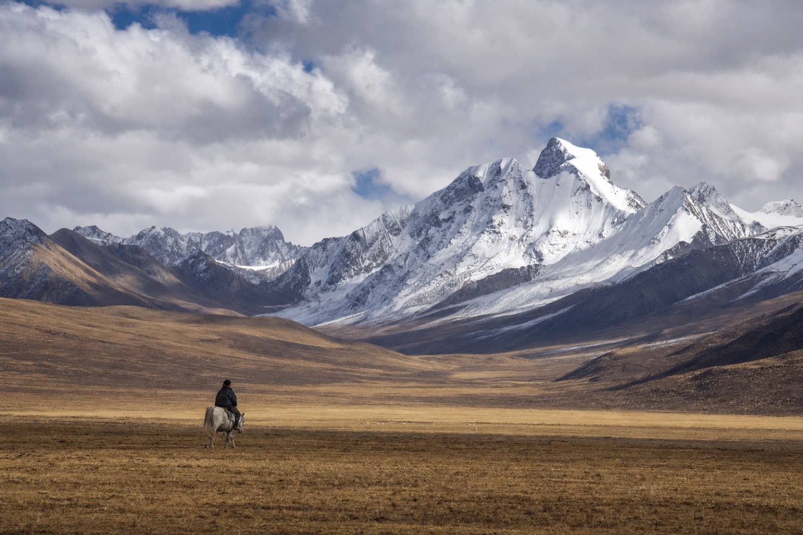 A Tibetan herder on horseback crossing the grassland