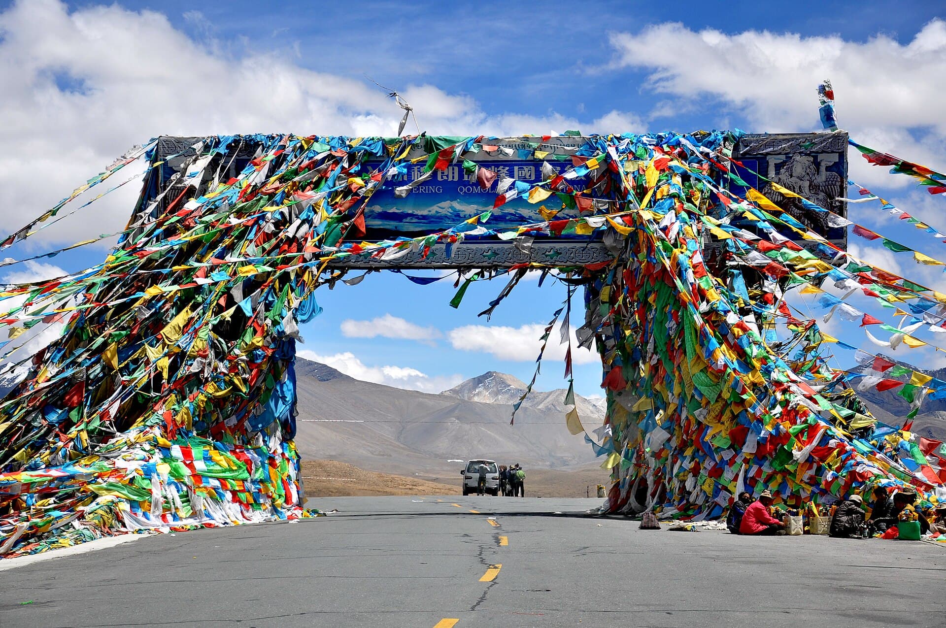 Prayer flags over a high mountain pass